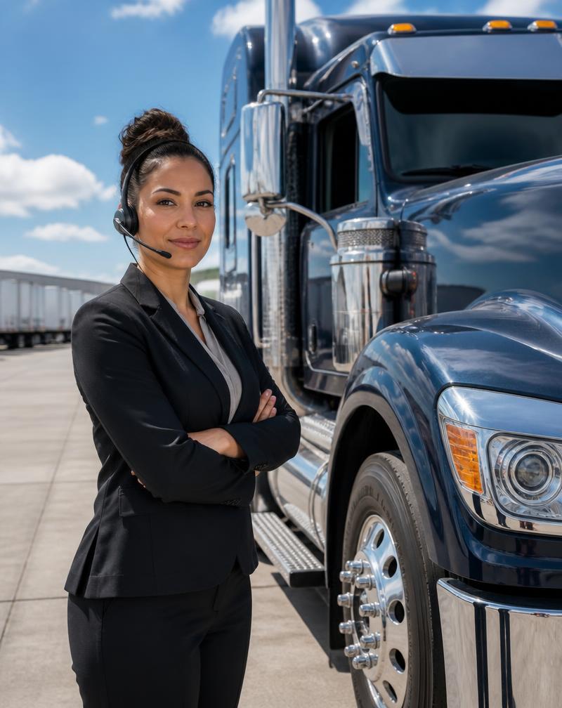 Professional dispatcher wearing a headset standing beside a heavy-duty semi-truck in daylight