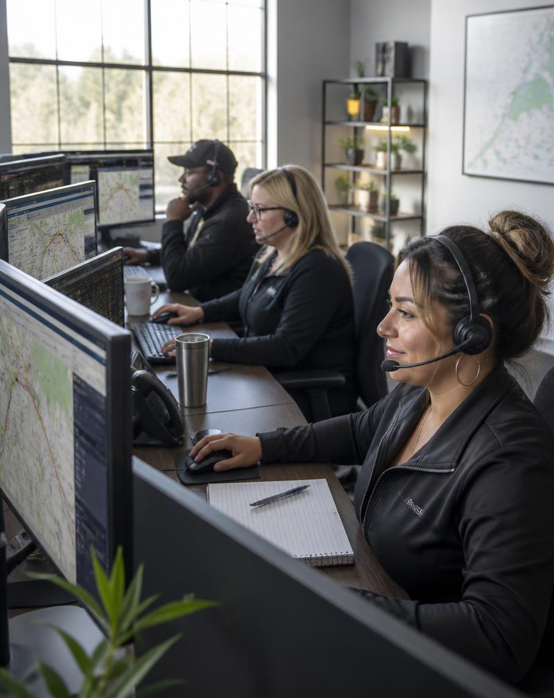 Small diverse team of dispatchers wearing headsets in a bright daytime command center